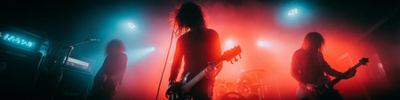 Musicians playing rock music on stage with dramatic red and blue lighting. Live band performing during an energetic music concertの写真素材