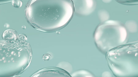 Clear microbubbles suspended in a light aqua-tinted transparent serum creating a hydrating texture....