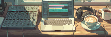 Desk with laptop showing DAW software, headphones, coffee, and audio equipment by a window. Home...