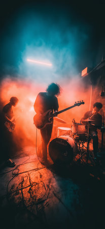 Musicians playing rock music on stage with dramatic red and blue lighting. Live band performing...
