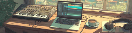 Desk with laptop showing DAW software, headphones, coffee, and audio equipment by a window. Home...