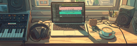 Desk with laptop showing DAW software, headphones, coffee, and audio equipment by a window. Home...