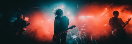 Musicians playing rock music on stage with dramatic red and blue lighting. Live band performing during an energetic music concertの写真素材