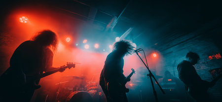 Musicians playing rock music on stage with dramatic red and blue lighting. Live band performing during an energetic music concertの写真素材