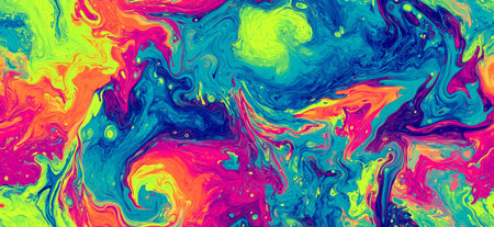 Vibrant suminagashi marbling creating a colorful liquid abstract background with neon hues. Neon...