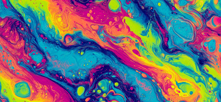 Vibrant suminagashi marbling creating a colorful liquid abstract background with neon hues. Neon...