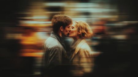 Lovers passionately kissing on the street with intentional motion blur creating a dynamic effect. Romantic couple kissing in blurred urban backgroundの写真素材