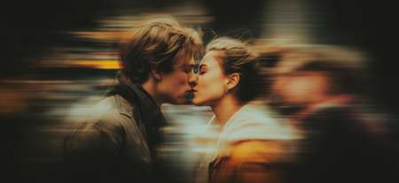 Lovers passionately kissing on the street with intentional motion blur creating a dynamic effect. Romantic couple kissing in blurred urban backgroundの写真素材