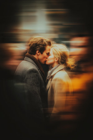 Lovers passionately kissing on the street with intentional motion blur creating a dynamic effect. Romantic couple kissing in blurred urban backgroundの写真素材
