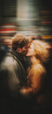 Lovers passionately kissing on the street with intentional motion blur creating a dynamic effect. Romantic couple kissing in blurred urban backgroundの写真素材