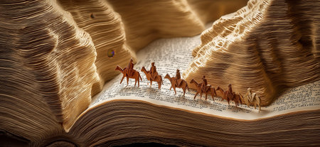Origami camels trek through a winding canyon sculpted from stacked vintage book pages. Paper canyon...