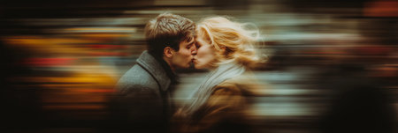 Lovers passionately kissing on the street with intentional motion blur creating a dynamic effect. Romantic couple kissing in blurred urban backgroundの写真素材