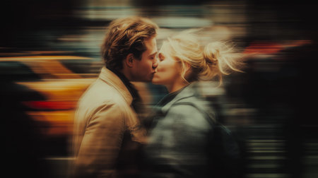 Lovers passionately kissing on the street with intentional motion blur creating a dynamic effect. Romantic couple kissing in blurred urban backgroundの写真素材