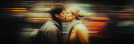 Lovers passionately kissing on the street with intentional motion blur creating a dynamic effect....