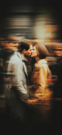 Lovers passionately kissing on the street with intentional motion blur creating a dynamic effect. Romantic couple kissing in blurred urban backgroundの写真素材