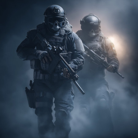 Futuristic tactical soldiers wearing skull masks and armor holding rifles. Two futuristic special...