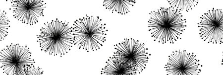 Abstract firework pictogram background seamless pattern. Exploding firework shapes creating a black...