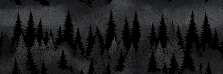 Stylized pine tree forest creating a monochrome seamless pattern for dark backgrounds. Dark forest...
