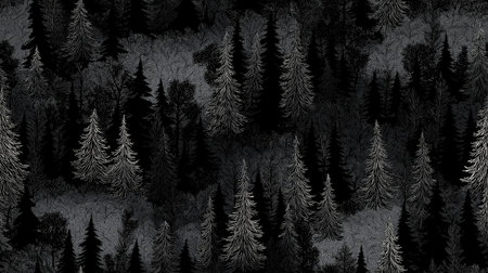 Stylized pine tree forest creating a monochrome seamless pattern for dark backgrounds. Dark forest...