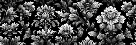 Ornate black and white floral damask vector pattern creating a seamless background. Intricate black...