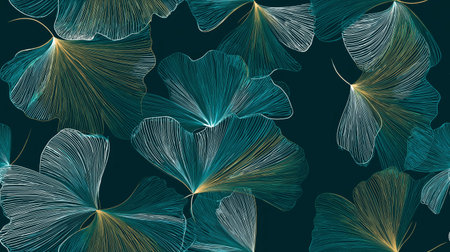 Abstract pattern featuring teal and white fan shapes with golden highlights on a dark teal...