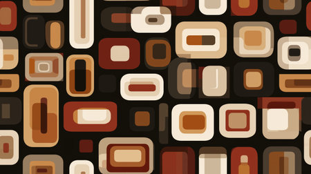 Abstract seamless pattern featuring various sized rounded rectangles in warm earthy tones on a black...