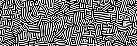 Abstract black line art creating a complex seamless labyrinth pattern on a white background. Black...