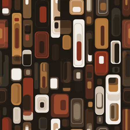 Abstract seamless pattern featuring various sized rounded rectangles in warm earthy tones on a black...