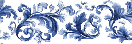Blue floral acanthus leaf pattern creating a seamless background design. Seamless blue acanthus leaf...