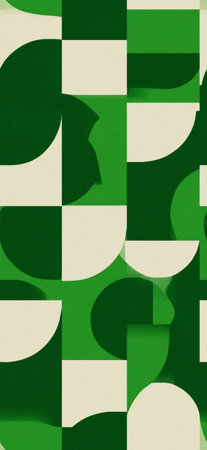 Abstract simple geometric shapes in green and cream forming a creative repeating pattern. Geometric...