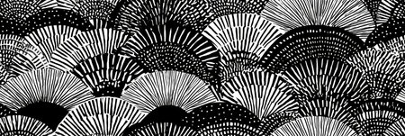 Seamless monochrome scallop graphic pattern creating a stylish fan texture background. Japanese...