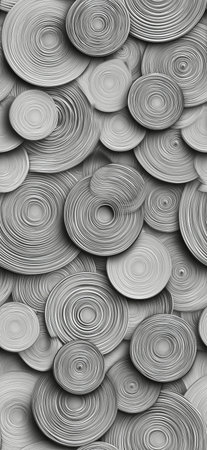 Embossed circular shapes in varying shades of gray forming an abstract background. Overlapping...