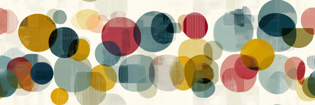 Pattern featuring colorful overlapping geometric shapes with striped textures on a light background....