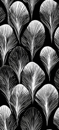 Repeating white abstract feather shapes forming a stylized black and white pattern. Art deco style...