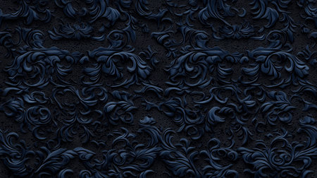 Dark navy surface featuring a detailed seamless baroque damask pattern giving a luxurious texture....