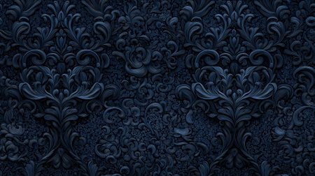 Dark navy surface featuring a detailed seamless baroque damask pattern giving a luxurious texture....