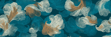 Seamless repeating organic pattern with swirling lines in blue and beige tones. Abstract flowing...