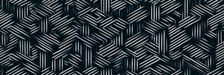 Repeating striped hexagons and rectangles forming a complex isometric structure. Abstract geometric...