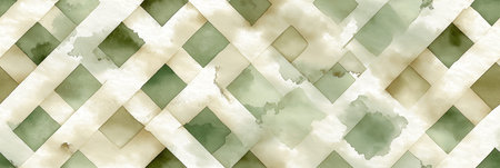 Seamless lattice pattern creating a rustic watercolor background in muted green and beige tones....