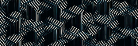 Repeating striped hexagons and rectangles forming a complex isometric structure. Abstract geometric...