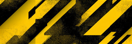 Vibrant yellow and black abstract geometric pattern with grunge textures and dots. Abstract neon yellow dynamic zigzag seamless pattern background.