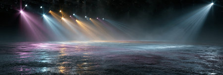 Abstract stage with glowing spotlights creating a vibrant atmosphere. Colorful light beams illuminating empty performance stage