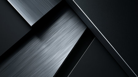 Layered dark grey and silver brushed metal textures create a sleek modern abstract background. Abstract dark metallic brushed surfaces minimal background