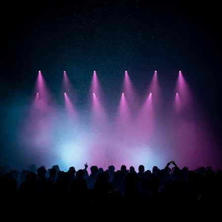 Audience members in silhouette experiencing a live music performance with colorful lights. Concert crowd silhouetted under vibrant stage spotlights