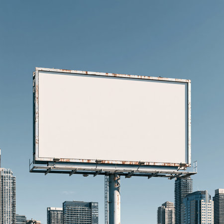 Empty outdoor billboard structure in a city against a clear sky, ready for new advertisement. Blank urban billboard in Toronto offering advertising space