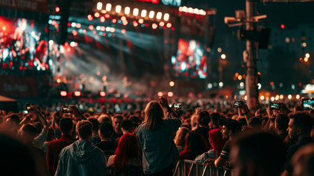 Crowd enjoying live concert, filming performers on stage with bright lights. Audience holding smartphones at night music festival