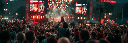 Crowd enjoying live concert, filming performers on stage with bright lights. Audience holding smartphones at night music festival