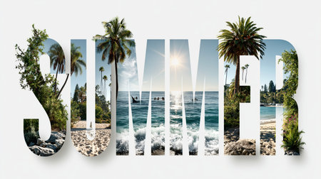 Summer word integrating vibrant beach landscapes with palm trees and ocean waves. Summer word filled with tropical beach scenes
