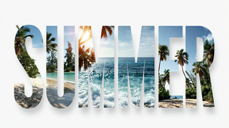 Summer word integrating vibrant beach landscapes with palm trees and ocean waves. Summer word filled with tropical beach scenes