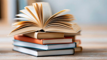 Stack of books with open pages on top, representing education and knowledge. Stacked books with open book for reading and learning